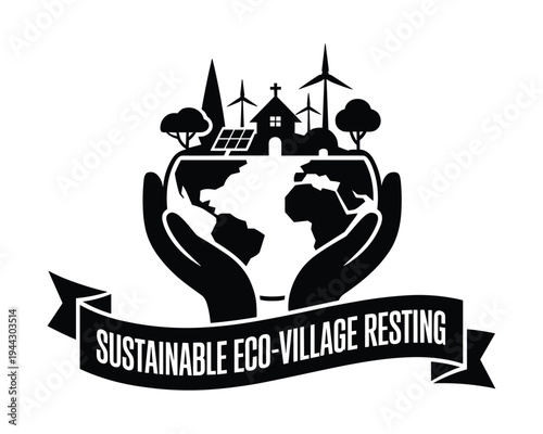 Sustainable ecovillage resting concept with hands holding the planet and rural landscape elements