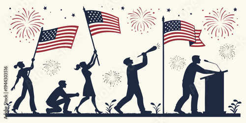 Diverse group of people holding flags and celebrating independence day with fireworks