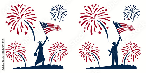 Two figures holding flags with fireworks exploding in the background