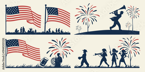 Illustration of american flags, fireworks, and soldiers marching in formation.