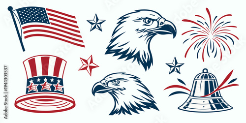 Patriotic symbols including an eagle, fireworks, and an american flag
