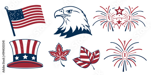 Patriotic symbols including an eagle, fireworks, and flags on a white background