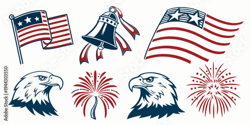 A collection of various american-themed icons and symbols including flags, fireworks, and a bald eagle.
