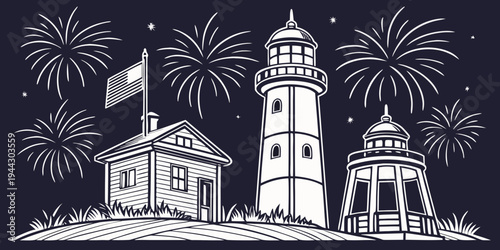 A detailed illustration of a medieval church with a tall bell tower and a clock tower.