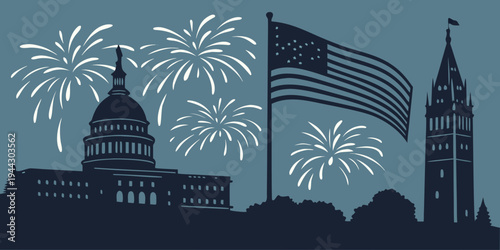 Fireworks illuminating the us capitol and flag in a patriotic display