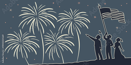 A group of people watching a fireworks display over a body of water with an american flag.