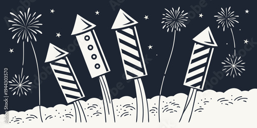 Three colorful fireworks shooting up into the night sky with stars and fireworks