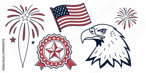 A vibrant collection of patriotic symbols including flags, fireworks, and an eagle.
