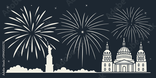 Fireworks illuminating the sky above a cityscape with a prominent building and a statue