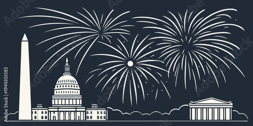 Fireworks illuminating the washington monument and capitol building in the background