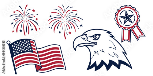 Patriotic symbols featuring an eagle, flags, and fireworks in a festive display