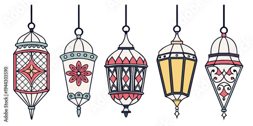 Four colorful lanterns hanging in a row with intricate designs and patterns