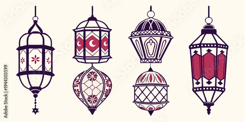 Five ornate lanterns with intricate designs and colorful patterns hanging in a row