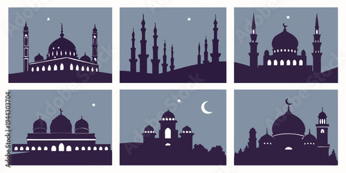 A collection of iconic mosques and minarets under various night sky scenes