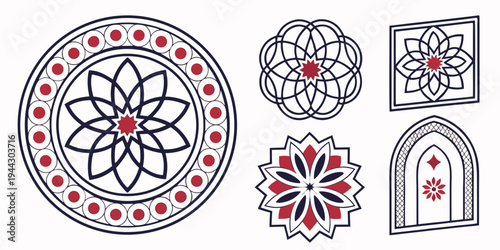 Intricate geometric patterns of mandalas and other circular designs with dots and lines.