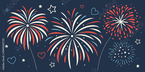 Vibrant fireworks display with red, white, and blue colors illuminating the night sky