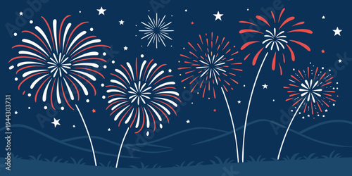 Colorful fireworks exploding in a night sky with a patriotic theme