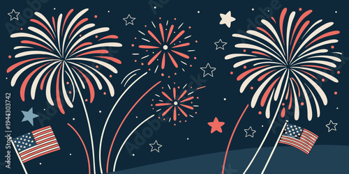 Colorful fireworks exploding in the night sky with american flags in the background