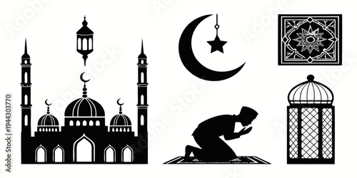 A collection of islamic symbols including a mosque, a crescent moon, a muslim man praying, and a lantern.