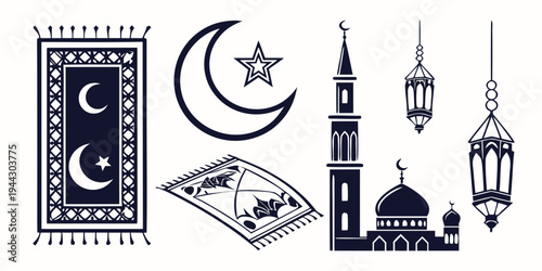 Islamic symbols including a mosque, crescent moon, star, and lanterns