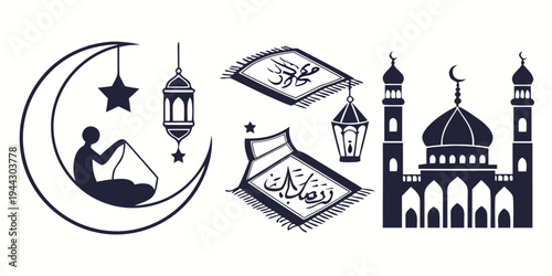 Religious symbols including a crescent moon, star, lantern, prayer mat, and mosque