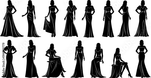 set of black silhouettes of women in elegant evening gowns in various poses on white background