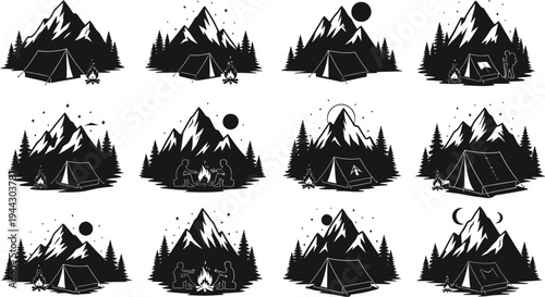 collection of black and white mountain camping illustrations with tents and trees