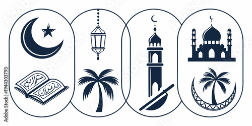 Religious symbols representing islam, including a mosque, crescent, and palm tree