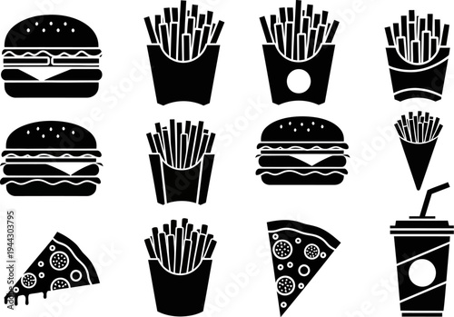 black and white silhouettes of fast food items on white background