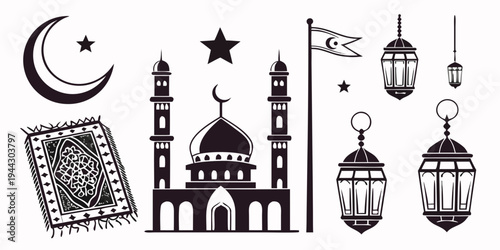 Islamic symbols including mosque, star, crescent, lantern, and prayer times