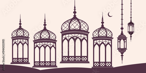 A beautiful mosque with five domes and two minarets under a crescent moon.