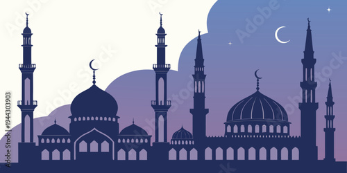 Majestic mosque with minarets and domes under a starry night sky with a crescent moon