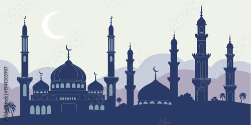 A detailed illustration of a mosque with minarets and domes against a sunset sky
