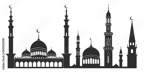 Silhouette of a mosque with multiple minarets and domes in a row