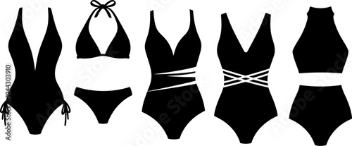 collection of various swimsuits and bikinis on white background