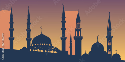 Silhouette of a mosque with minarets and domes at sunset against a purple sky