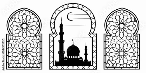 Three arched windows with intricate designs and a mosque in the middle window.