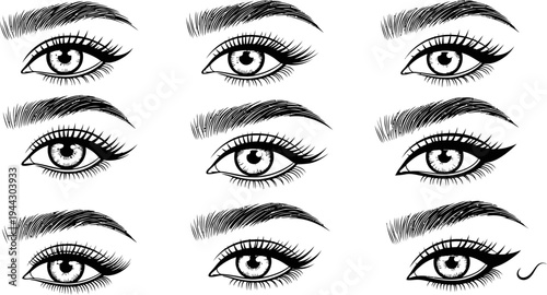 Collection of various eye makeup designs with different eyeliner and eyebrow styles
