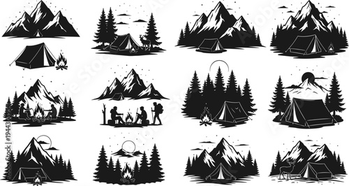 Camping and hiking silhouettes with mountains trees tents and campfires