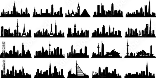 Collection of various city skylines from around the world in silhouette on white background