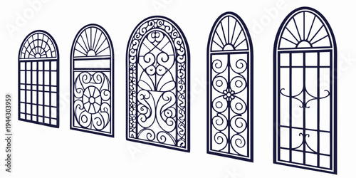 Five different styles of decorative wrought iron gates in a row.