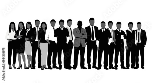 Diverse group of business professionals standing together, representing teamwork, unity, and corporate success in a modern workplace.