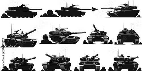 collection of various military tanks in different positions and angles