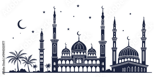 Intricate black and white illustration of a mosque with minarets and domes