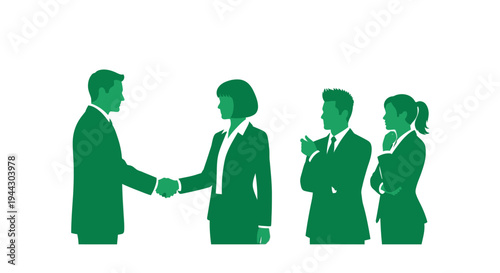 Business agreement and partnership. Professionals shaking hands, sealing a deal, with a team observing and applauding, symbolizing successful collaboration.
