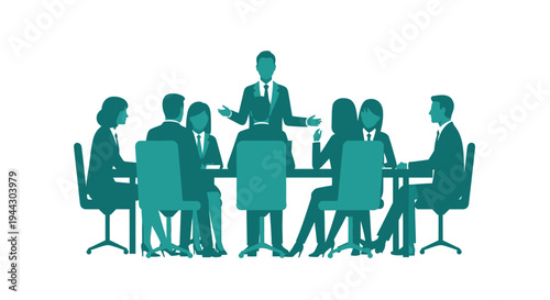 Business meeting with a diverse group of professionals collaborating and discussing strategy around a conference table. Leadership and teamwork concept.