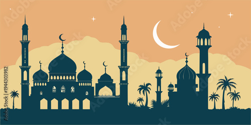 Silhouette of mosque and minarets with crescent moon and palm trees