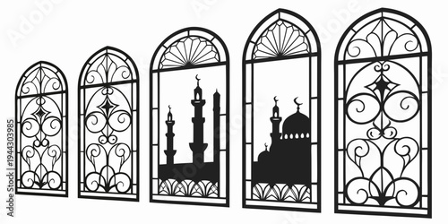Five stained glass windows featuring a mosque and minaret in the center
