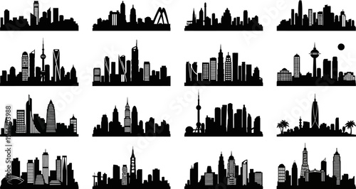 black city skylines with various skyscrapers and buildings  urban landscapes