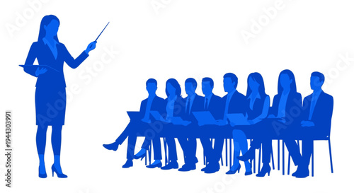 Professional business woman giving a presentation to a diverse group of employees in a corporate meeting or training session. Leadership, education, and teamwork concept.